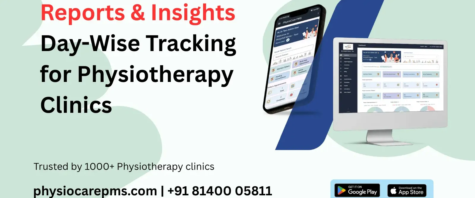 Physiotherapy reports dashboard showing appointments revenue and staff performance
