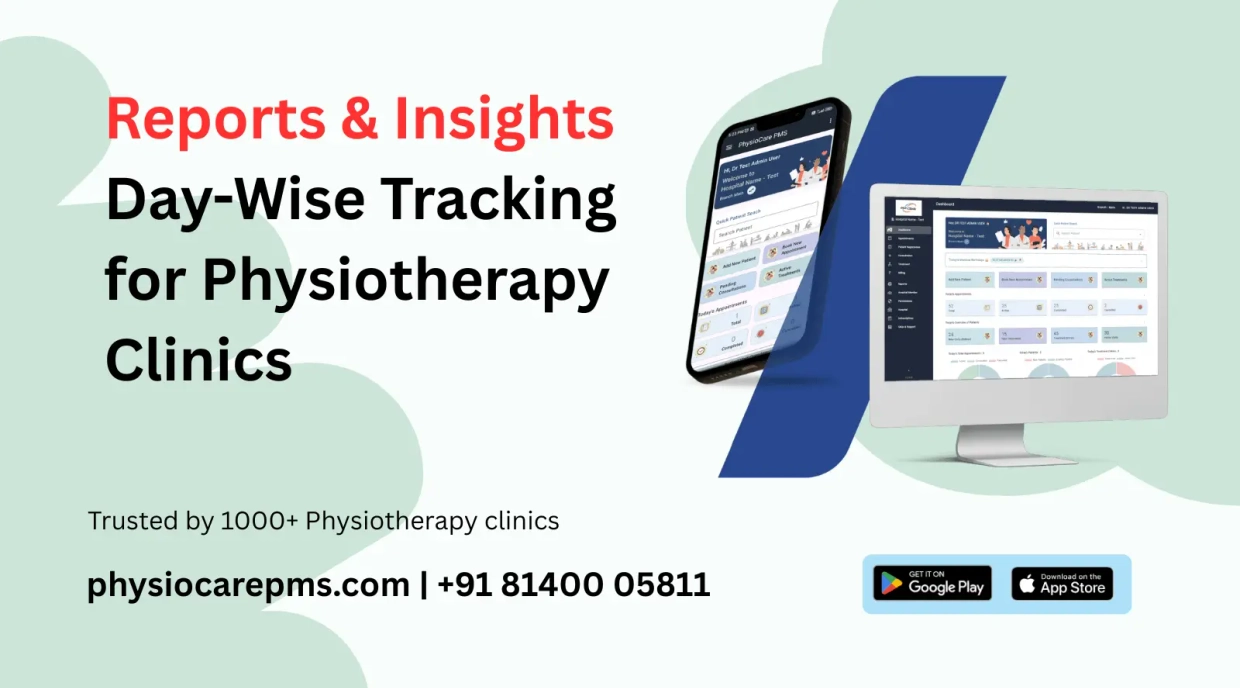 Physiotherapy reports dashboard showing appointments revenue and staff performance