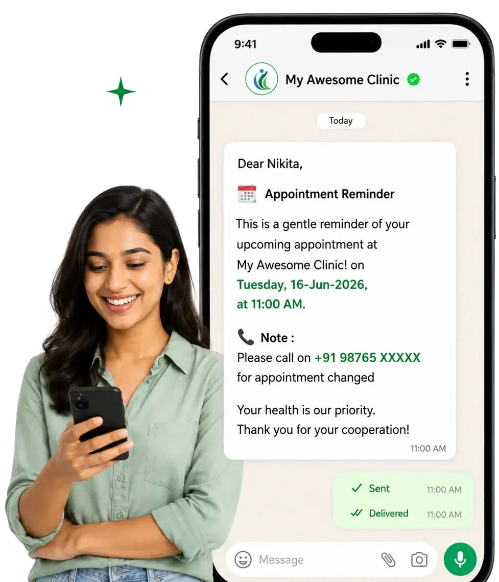 Clinic-branded WhatsApp messages — appointment reminder shown on phone