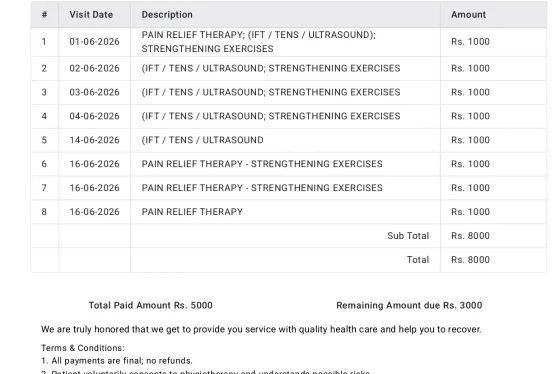 Date-Wise Physiotherapy Bill Format