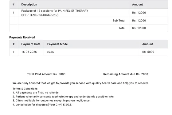 Payment Mode wise Physiotherapy Bill Format